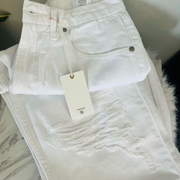 Good American Good 90s Ripped High Waist Straight Leg Jeans, White, Size 4‎ NWT - Picture 9 of 11
